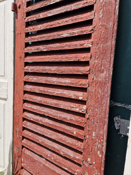 Vintage Single French Rustic Red Chippy Painted Wooden Louvered Shutter Doors