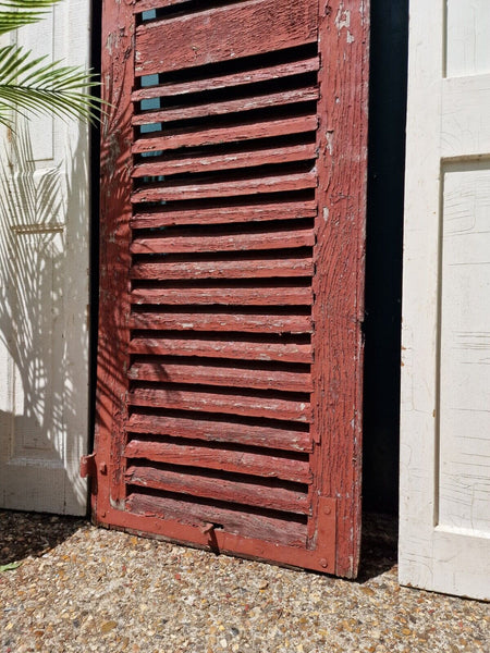 Vintage Single French Rustic Red Chippy Painted Wooden Louvered Shutter Doors