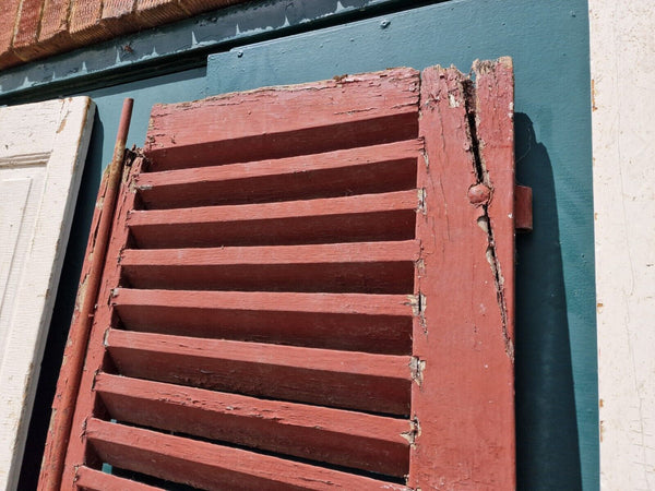 Vintage Single French Rustic Red Chippy Painted Wooden Louvered Shutter Doors