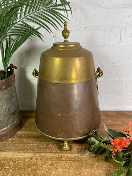 Antique 19th Century Copper Brass Lidded Fireside Coal Scuttle