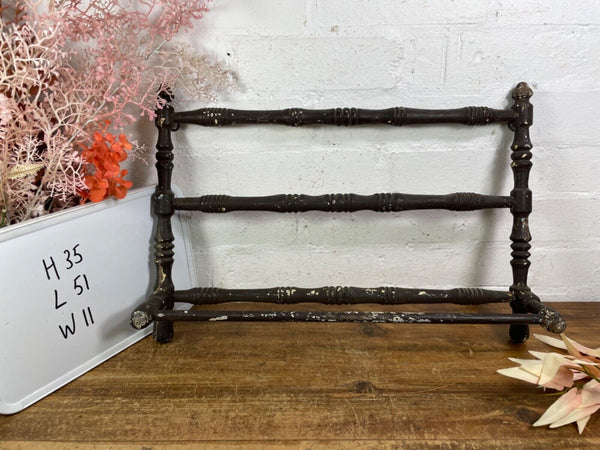 Antique French Wooden Turned Bobbin Bathroom Kitchen Towel Rail Holder