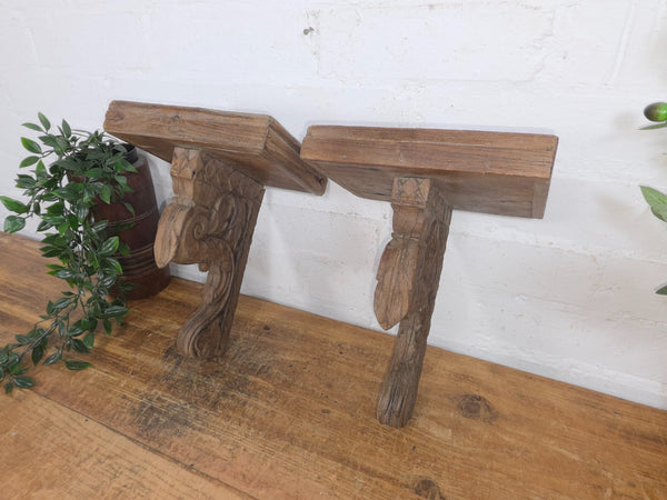 Pair Vintage Rustic Indian Hand Carved Architectural Wall Shelf Plinth