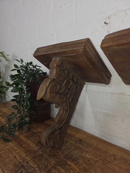 Pair Vintage Rustic Indian Hand Carved Architectural Wall Shelf Plinth