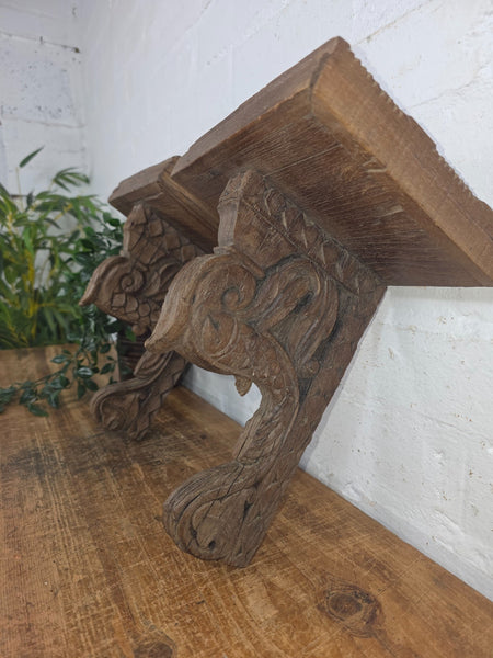 Pair Vintage Rustic Indian Hand Carved Architectural Wall Shelf Plinth