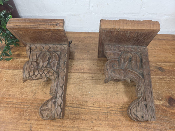Pair Vintage Rustic Indian Hand Carved Architectural Wall Shelf Plinth