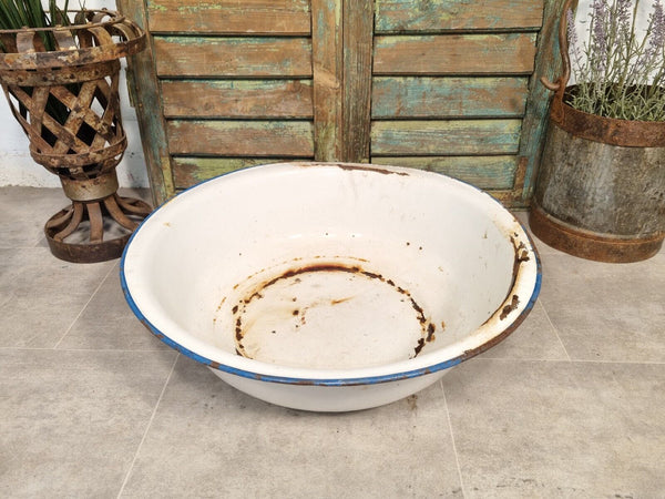 Vintage French European Large Enamel Wash Bowl Garden Planter Bird Bath