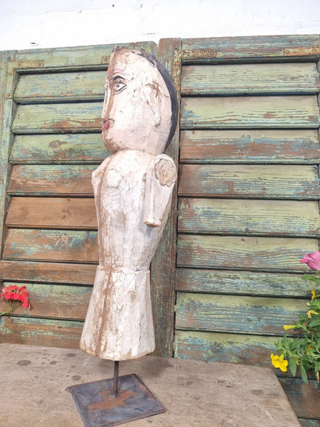 Antique Indian Hand Carved Wooden Painted Sculpture On Stand