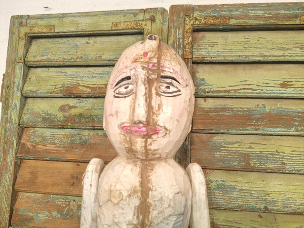Antique Indian Hand Carved Wooden Painted Sculpture On Stand