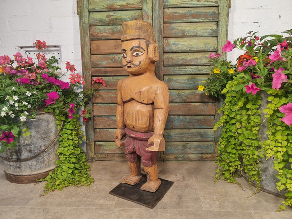 Antique Indian Hand Carved Wooden Painted Sculpture On Stand