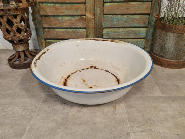 Vintage French European Large Enamel Wash Bowl Garden Planter Bird Bath