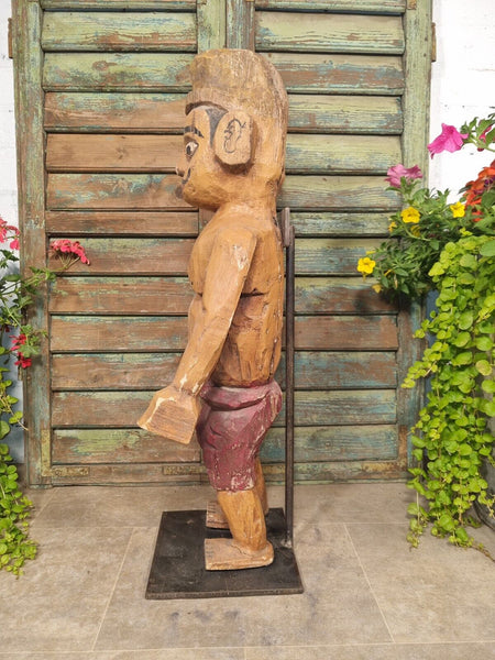 Antique Indian Hand Carved Wooden Painted Sculpture On Stand