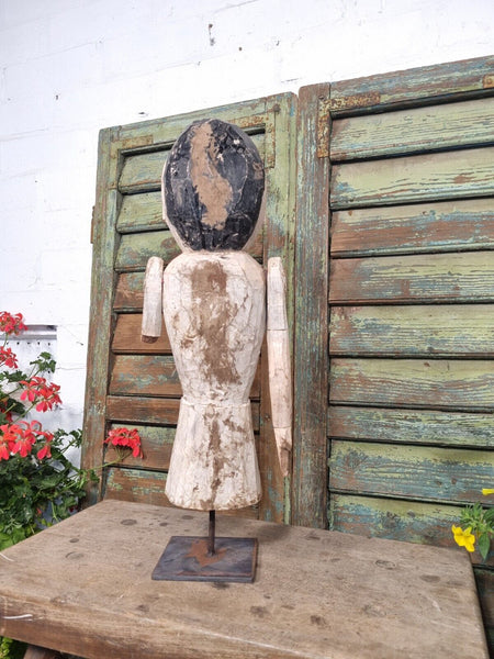 Antique Indian Hand Carved Wooden Painted Sculpture On Stand