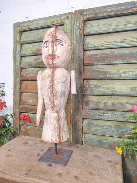 Antique Indian Hand Carved Wooden Painted Sculpture On Stand