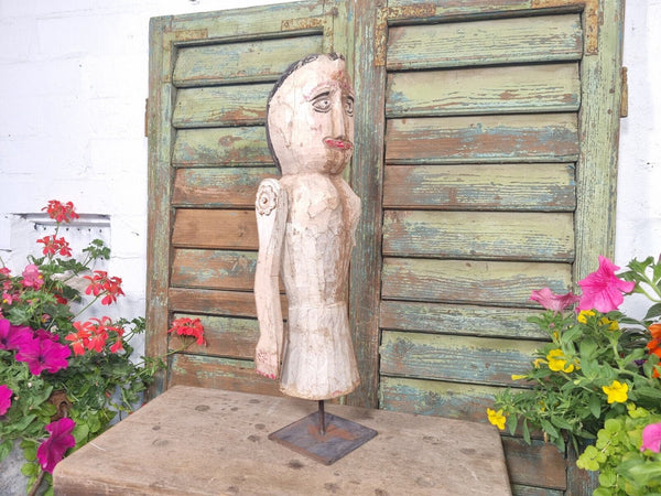 Antique Indian Hand Carved Wooden Painted Sculpture On Stand