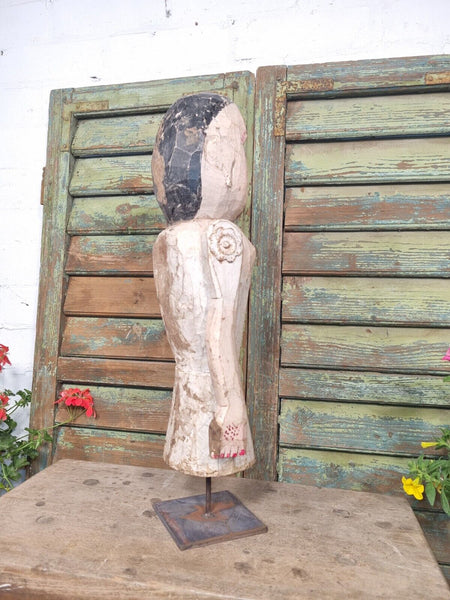 Antique Indian Hand Carved Wooden Painted Sculpture On Stand