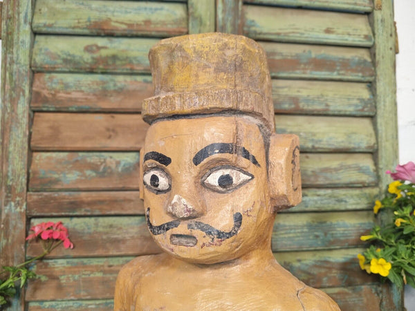 Antique Indian Hand Carved Wooden Painted Sculpture On Stand