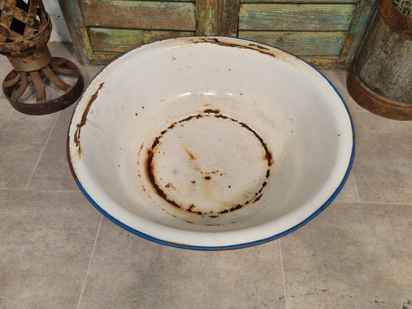 Vintage French European Large Enamel Wash Bowl Garden Planter Bird Bath
