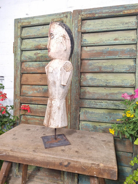 Antique Indian Hand Carved Wooden Painted Sculpture On Stand
