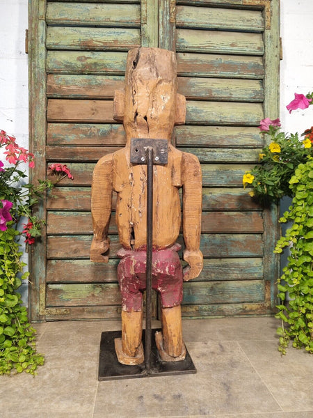 Antique Indian Hand Carved Wooden Painted Sculpture On Stand
