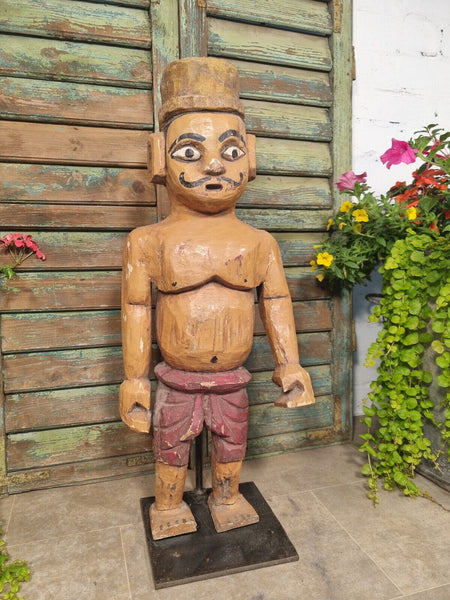 Antique Indian Hand Carved Wooden Painted Sculpture On Stand