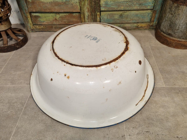 Vintage French European Large Enamel Wash Bowl Garden Planter Bird Bath