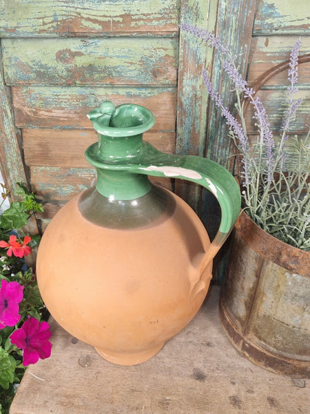 Vintage European Green Glazed Terracotta Wine Vessel Jug Pitcher Amphora
