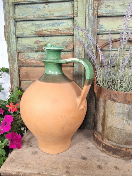 Vintage European Green Glazed Terracotta Wine Vessel Jug Pitcher Amphora