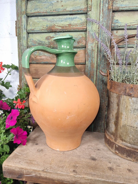 Vintage European Green Glazed Terracotta Wine Vessel Jug Pitcher Amphora