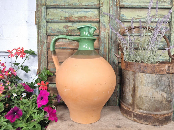 Vintage European Green Glazed Terracotta Wine Vessel Jug Pitcher Amphora
