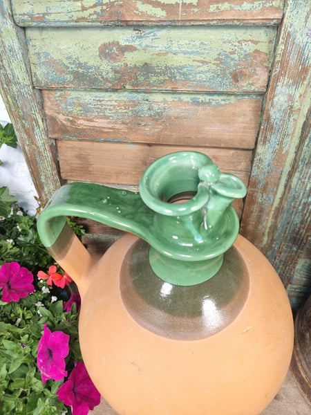 Vintage European Green Glazed Terracotta Wine Vessel Jug Pitcher Amphora