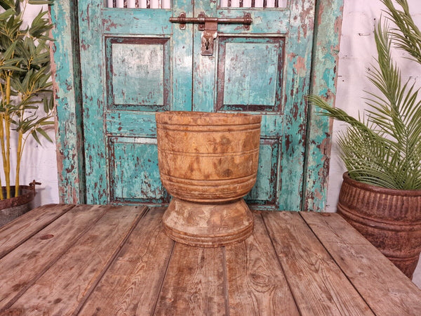 Large Antique Vintage Hand Turned Carved Primitive Dug Out Wooden Mortar