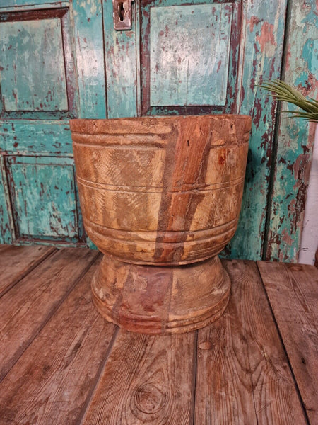 Large Antique Vintage Hand Turned Carved Primitive Dug Out Wooden Mortar
