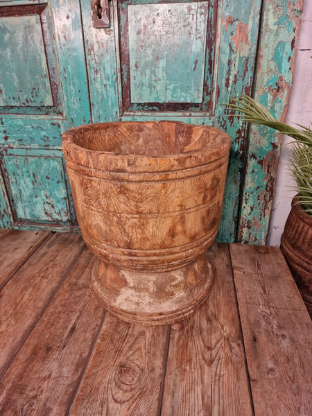 Large Antique Vintage Hand Turned Carved Primitive Dug Out Wooden Mortar