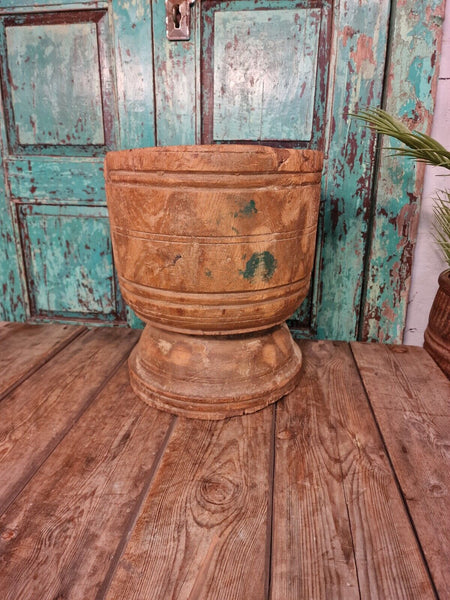 Large Antique Vintage Hand Turned Carved Primitive Dug Out Wooden Mortar