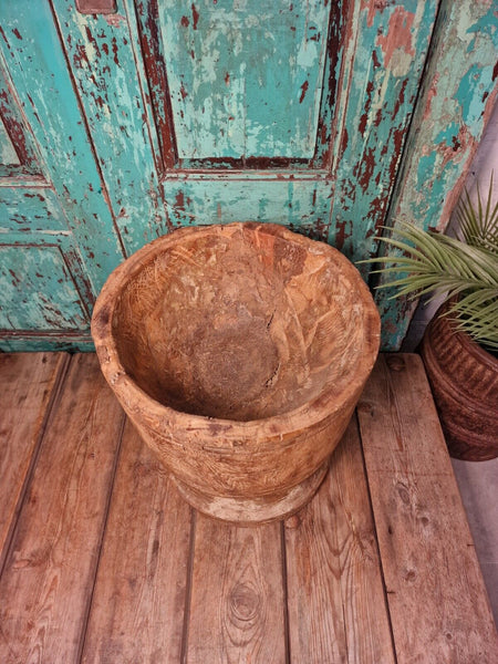 Large Antique Vintage Hand Turned Carved Primitive Dug Out Wooden Mortar