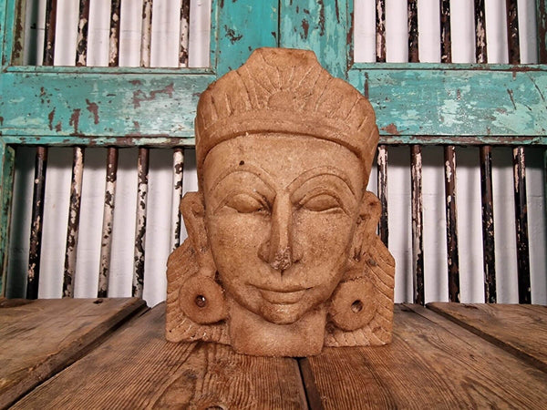 Antique Hand Carved Solid Marble Bust Indian Temple Buddha God