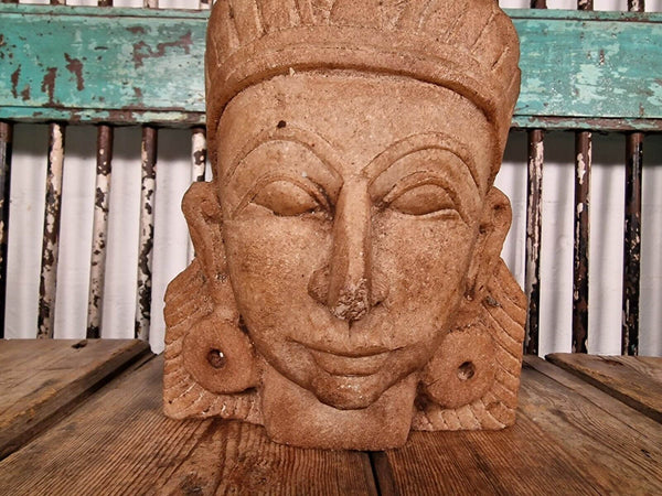Antique Hand Carved Solid Marble Bust Indian Temple Buddha God