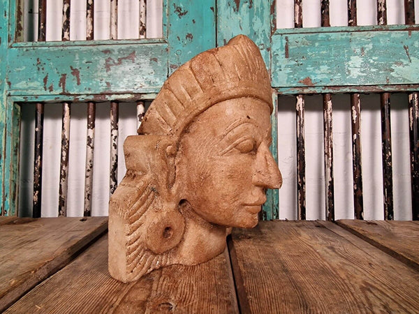 Antique Hand Carved Solid Marble Bust Indian Temple Buddha God