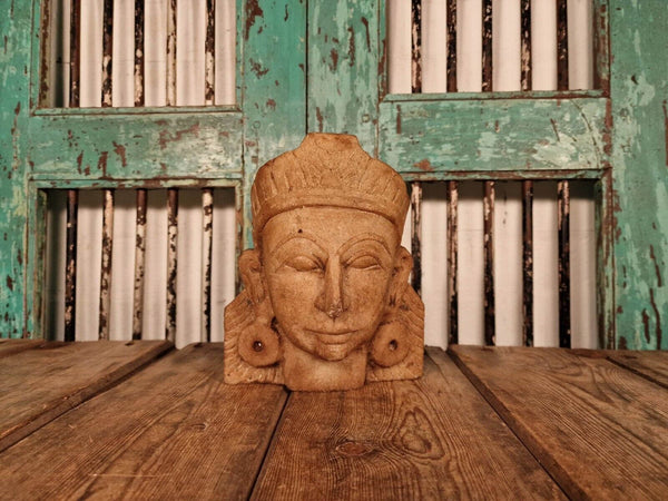 Antique Hand Carved Solid Marble Bust Indian Temple Buddha God