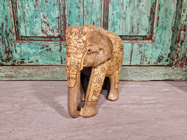 Vintage Hand Carved Solid Wooden Indian Kashmir Hand Painted Elephant Statue