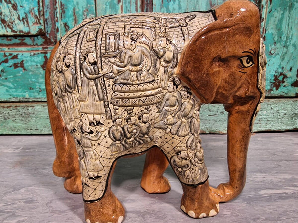 Vintage Hand Carved Solid Wooden Indian Kashmir Hand Painted Elephant Statue
