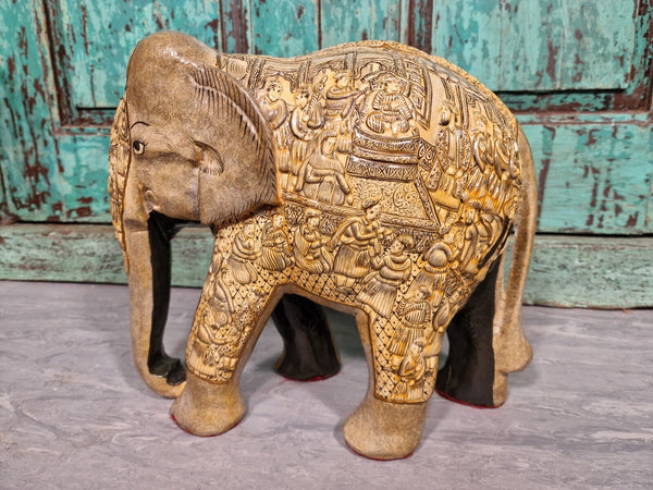 Vintage Hand Carved Solid Wooden Indian Kashmir Hand Painted Elephant Statue