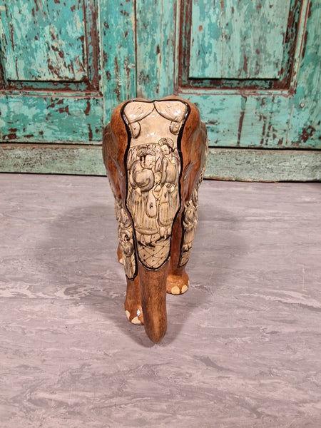 Vintage Hand Carved Solid Wooden Indian Kashmir Hand Painted Elephant Statue