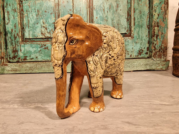 Vintage Hand Carved Solid Wooden Indian Kashmir Hand Painted Elephant Statue