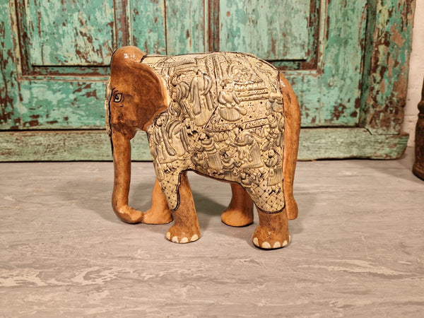 Vintage Hand Carved Solid Wooden Indian Kashmir Hand Painted Elephant Statue