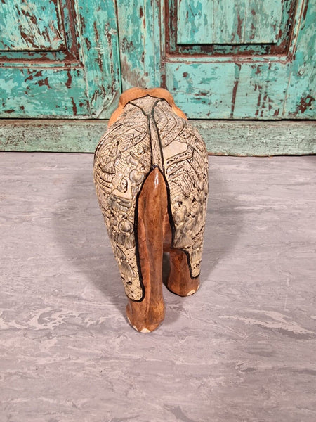 Vintage Hand Carved Solid Wooden Indian Kashmir Hand Painted Elephant Statue