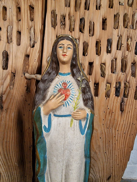 Beautiful Pair Antique European Jesus & Mary  Sacred Heart Plaster Statues