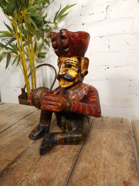 Old Vintage Indian Polychrome Hand Carved Wooden Musician Statue Sculpture