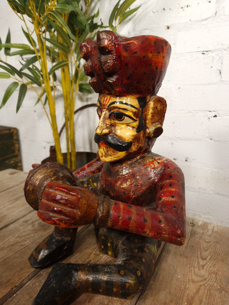Old Vintage Indian Polychrome Hand Carved Wooden Musician Statue Sculpture