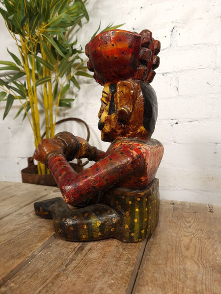 Old Vintage Indian Polychrome Hand Carved Wooden Musician Statue Sculpture